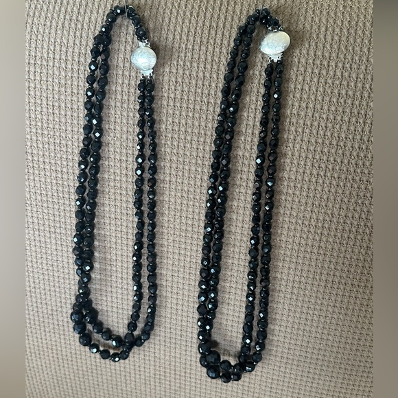 Vintage! 2 Austrian Black Crystal Double Strand Necklaces - Picture 1 of 9